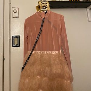 dusty pink feather skirt bodycon dress